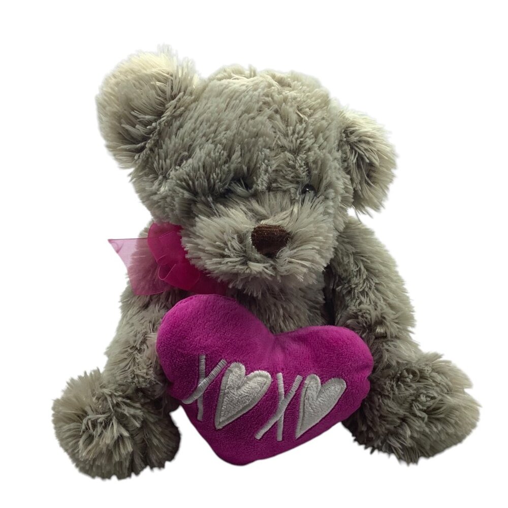 Gray Teddy Bear Plush Pink Heart "XOXO"  Ribbon 12" Stuffed Animal Toy Gift Soft